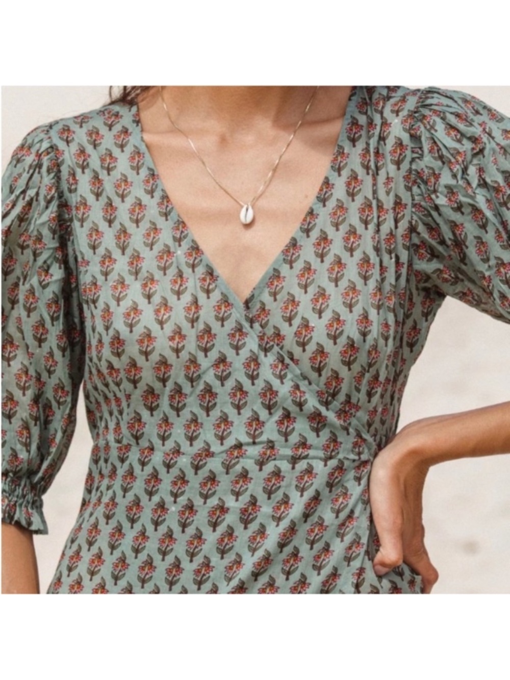 Daughters of India Zuri Wrap Dress Sage Size Small Womens - Picture 2 of 13